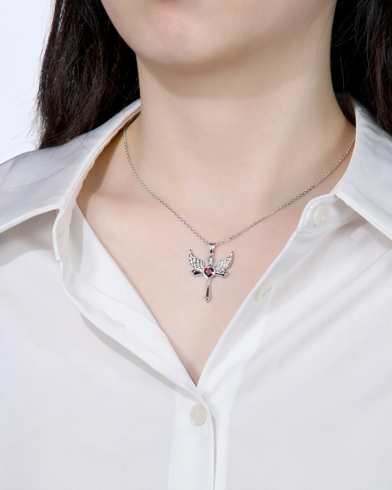 HFE 925 Sterling Silver Winged Cross Necklace Lab Grown Ruby Heart Pendant Christian Religious Jewelry Gothic Gift for Women Men