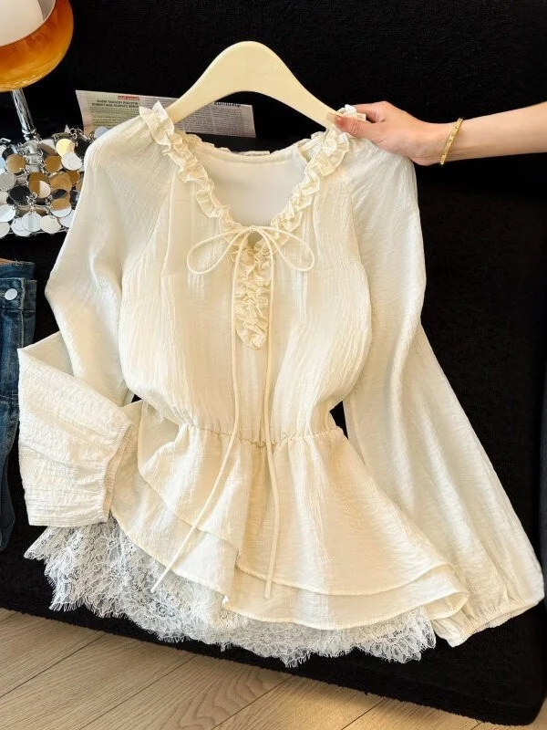 

Женская шифоновая блузка с V-образным вырезом, длинными рукавами, кружевной отделкой, поясом и воротником-шалью, в деловом стиле, из полиэфирного волокна, с эффектом легкого ветра