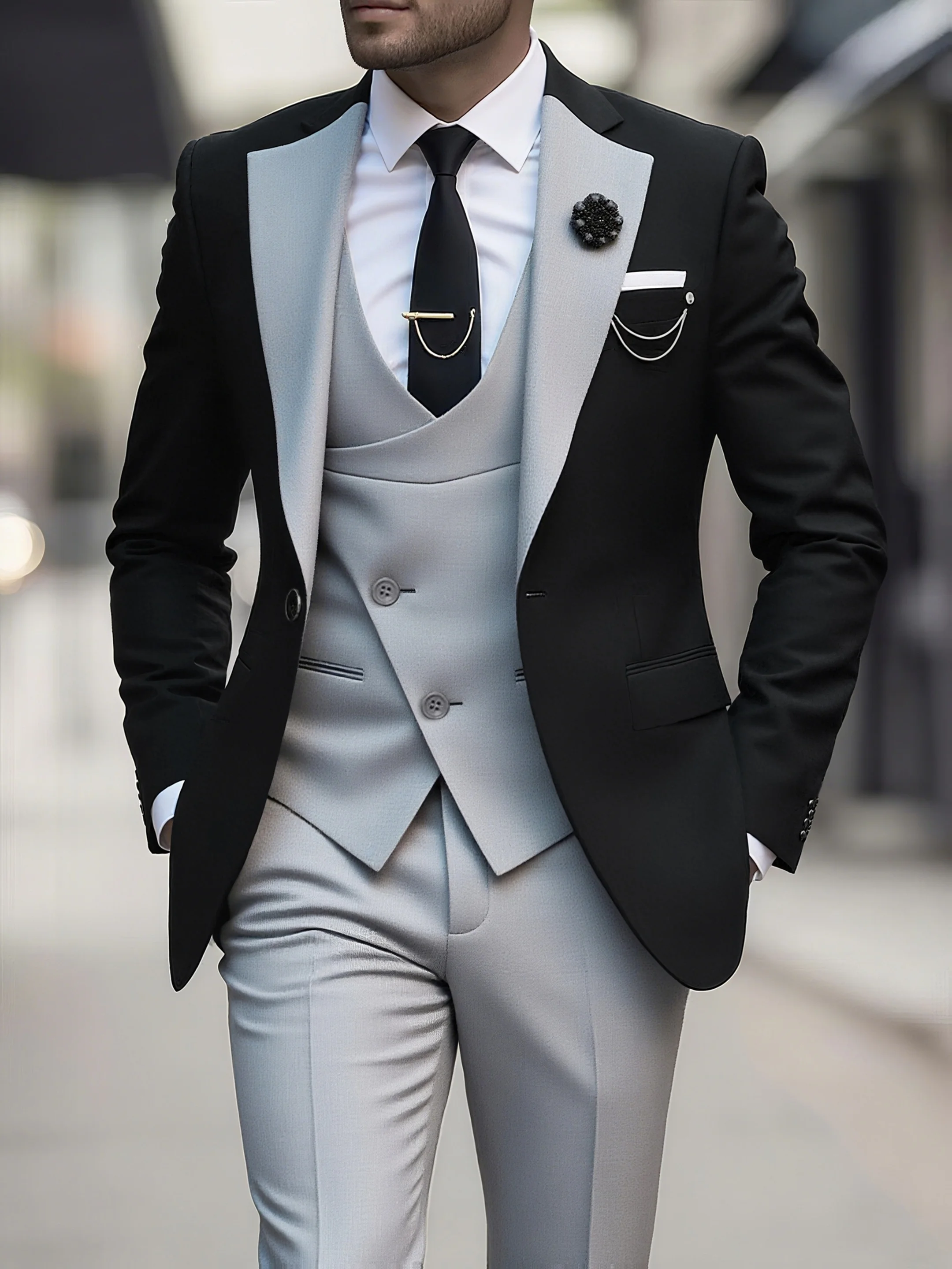 

Men's 3-piece suit, green fruit collar, large suit, suit pants, formal tie, wedding dress, vest, work uniform, holiday gift.