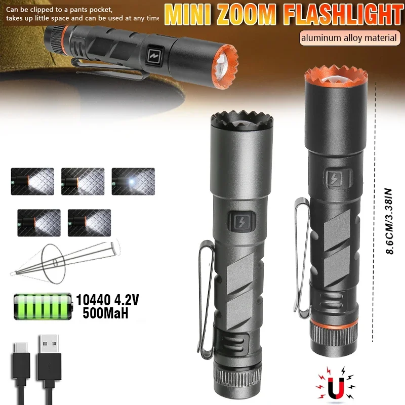 New Mini  LED Flashlight Built-in 500MaH Battery Zoom Torch With Pen Clip Light Magnet Work Light Outdoor Camping Fishing