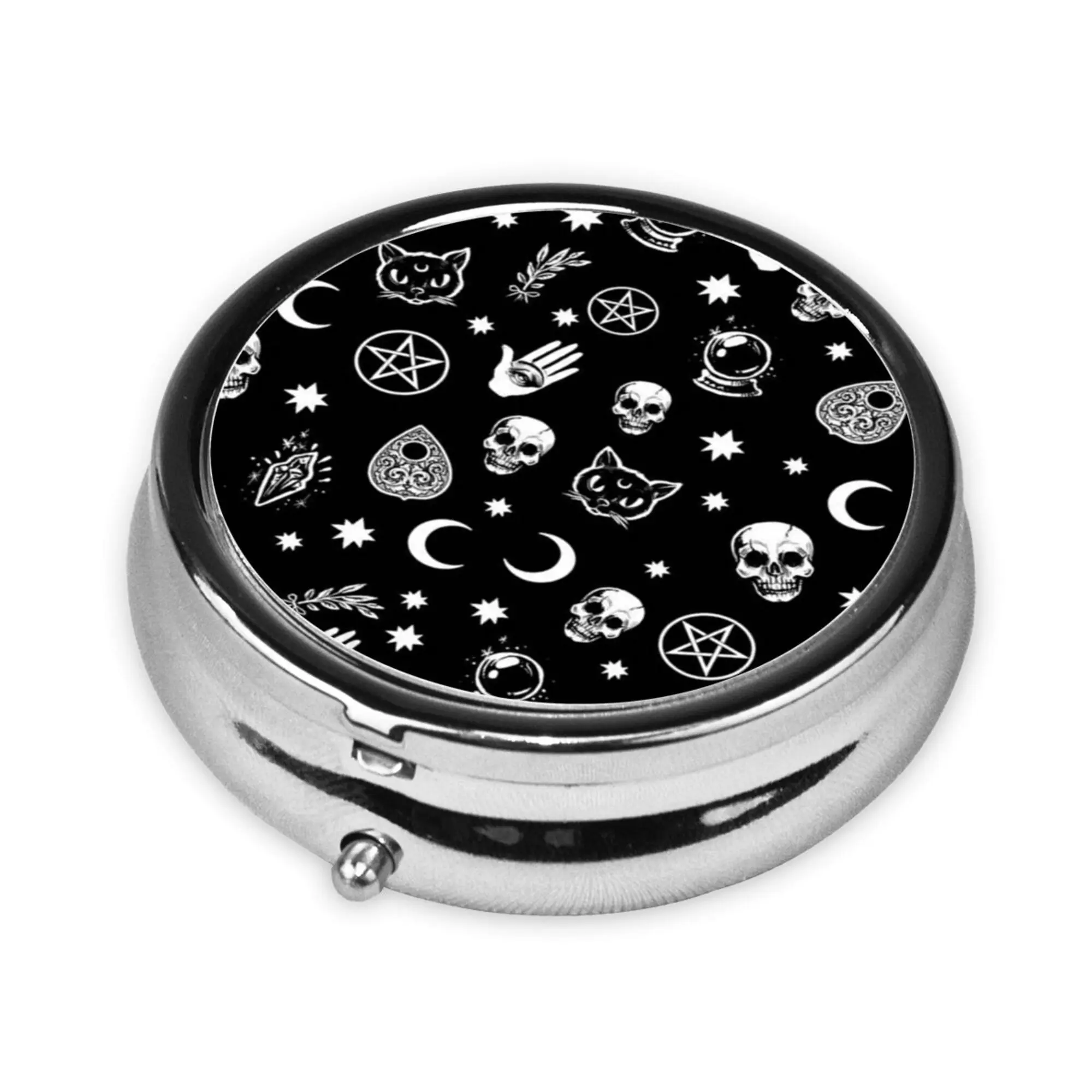 Gothic Skull Cat Moon Pattern Round Pill Box Medicine Tablet Holder Organizer Case Portable Metal Medicine Container for Purse