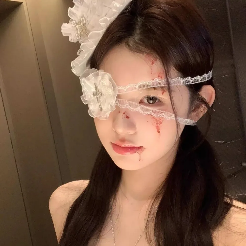 Gothic Style Lace Bows Heart Cross Eye Mask Black White Sweet Cool Lolita Cosplay Eye Patch Cloth Halloween Bowknot Eye Mask
