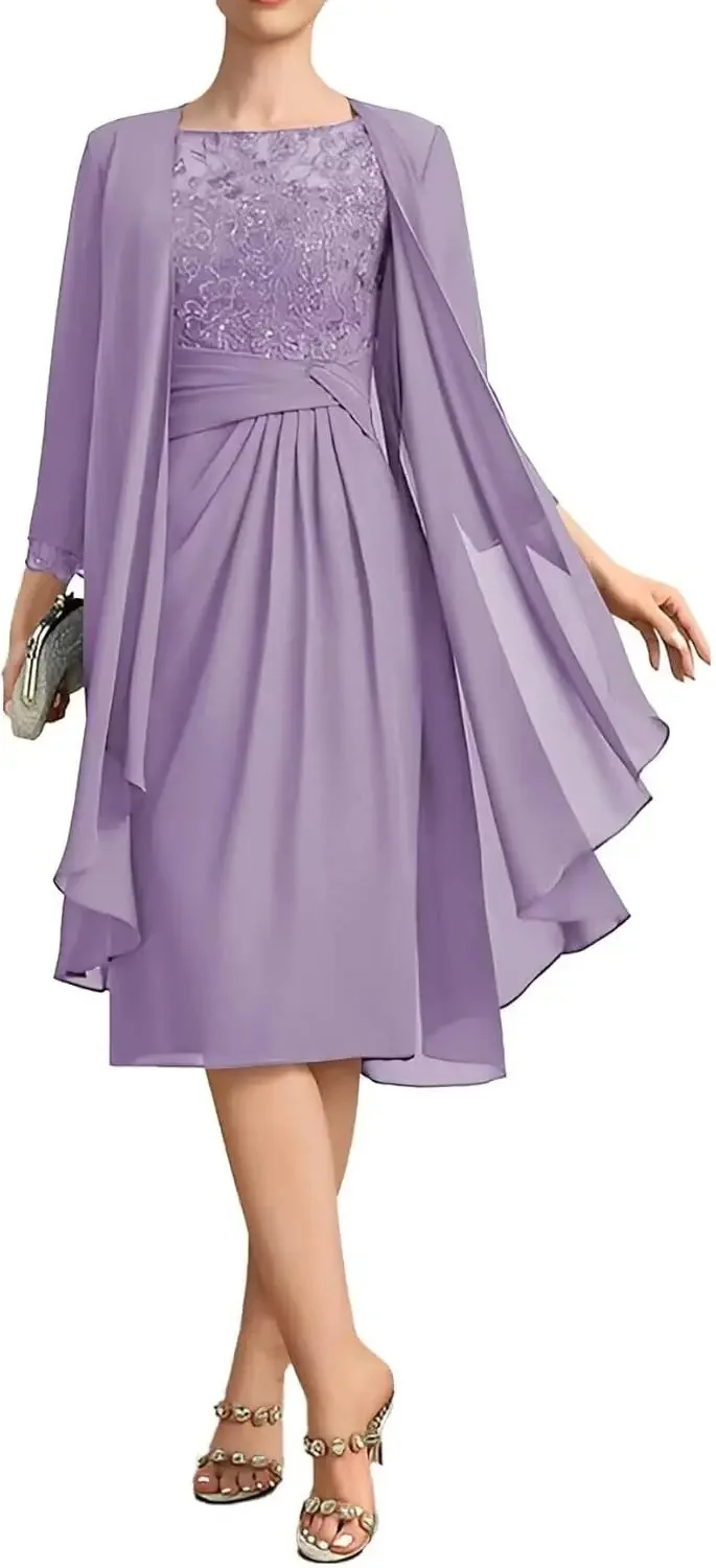 QMANSHA Maßgeschneidertes staubblaues Spitzen-Chiffon-Abendkleid in Knielänge für die Brautmutter mit geraffter Taille – Detail 14