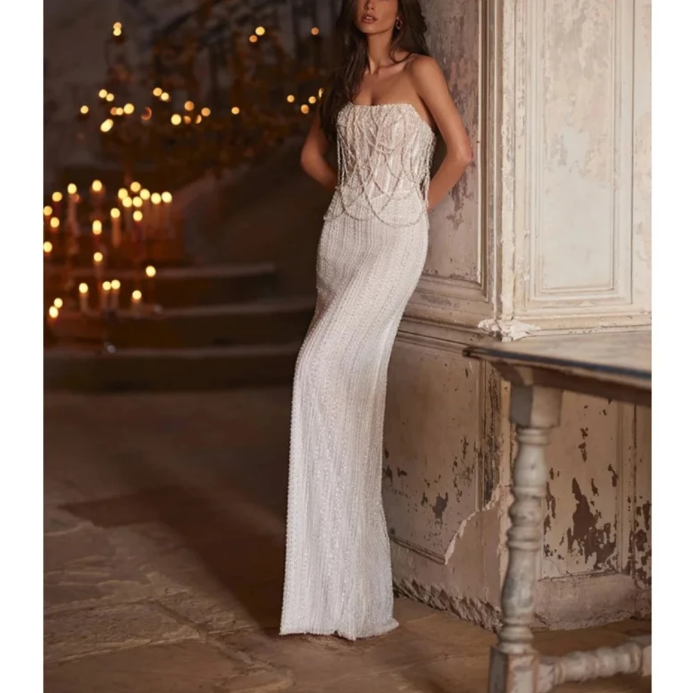 Maßgeschneidertes Luxus-Abendkleid, trägerlos, ärmellos, Spitze, glänzend, mit Perlen verziert, bodenlang, 2025, Robe De Mariée, Hochzeitsparty-Kleider