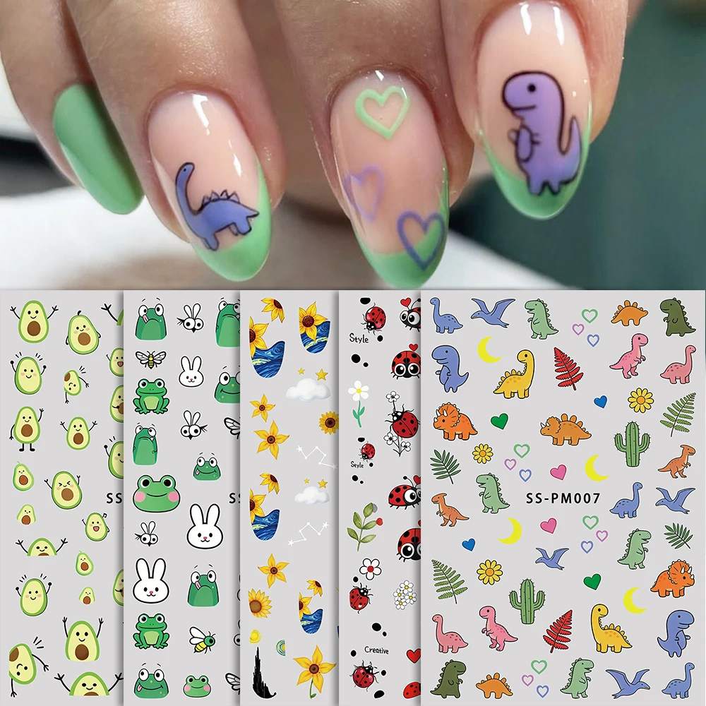 5pcs Cartoon 3D Nail Art Stickers DIY Sun Flowers Avocado Ladybug Dinosaur Nail Decals Sliders Wraps for Manicure Decorations