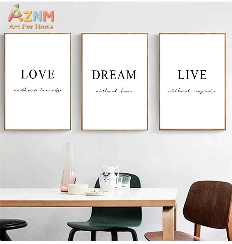 AZNM Dream Without Fear Love Without Limits Canvas Wall Art Frameless Print, Minimalist Black White Quote Poster, Modern Bedroom