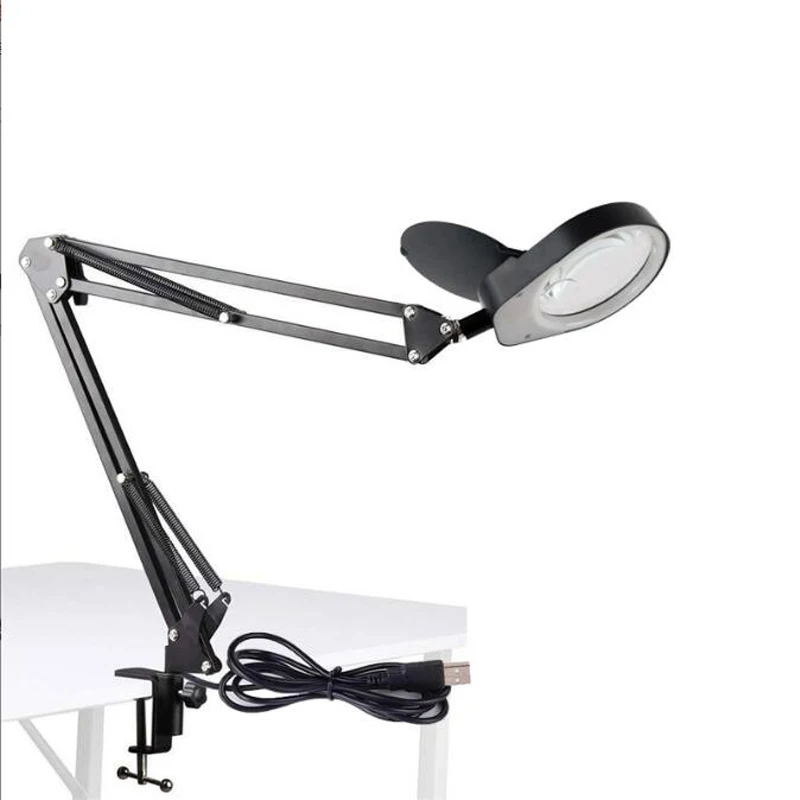 

Metal Table Lamp USB 5X Magnifier LED Magnifying Glass Light for Reading Crafts Hobby DIY Welding Third Hand Whirl Arm Foldable