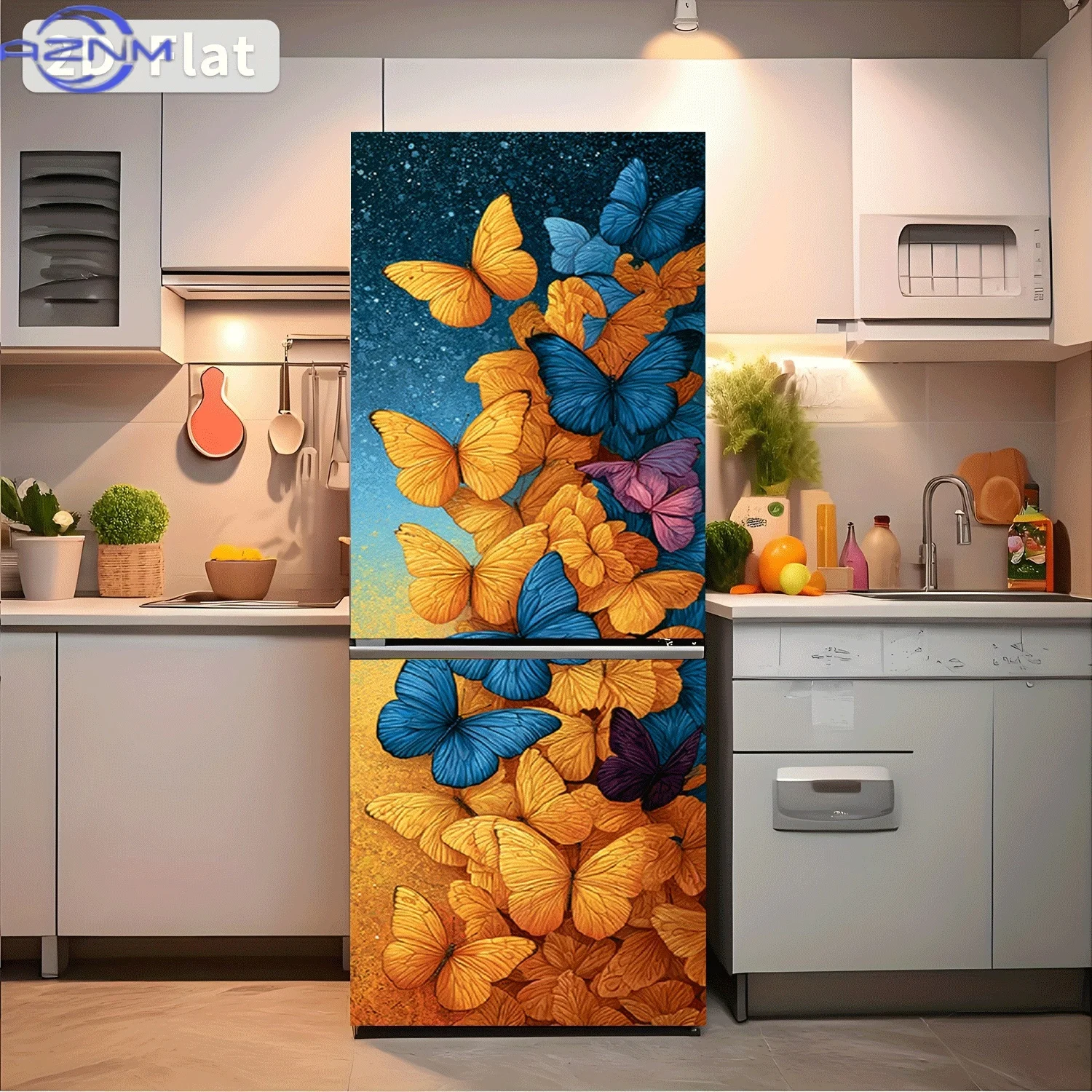 2D Flat Printing 1pc Refrigerator Sticker  Butterfly Dance Blue and Orange Intersection Theme Design Wall Decal Self-Adhesive