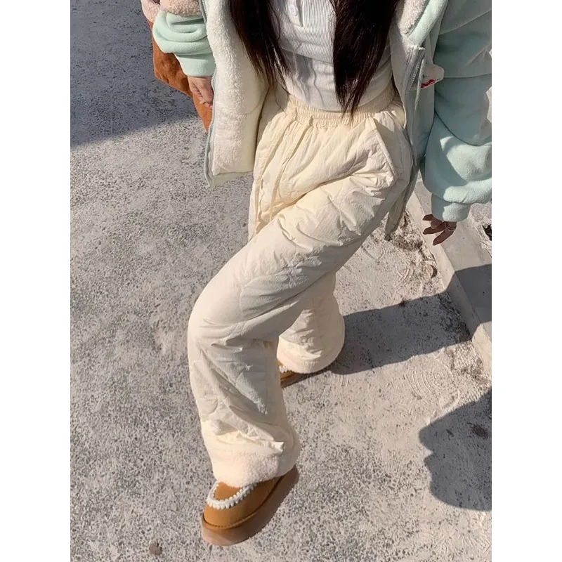 Qweek übergroße Lamm gebürstete Hose für Frauen Winter Fleece rosa koreanische Mode baggy süße Baumwolle gepolsterte Hose Harajuku Kawaii