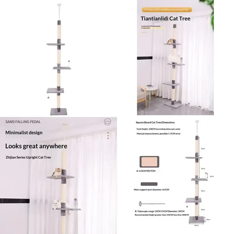 Large Floor to Ceiling Solid Wood Cat Tree Multi Layer Climbing Frame with Caves and Jumping Platforms for Cats All Seasons