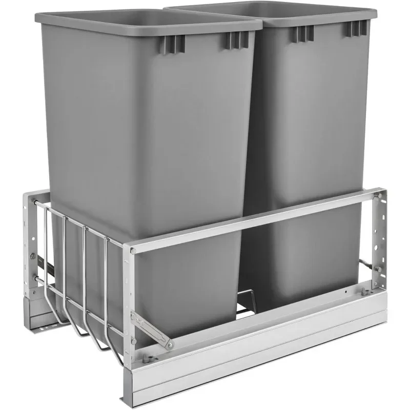 5349-2150DM-217 Double 50-Quart Kitchen Cabinet Pull Out Waste Container Storage with 2 Trash Cans and Wire Basket