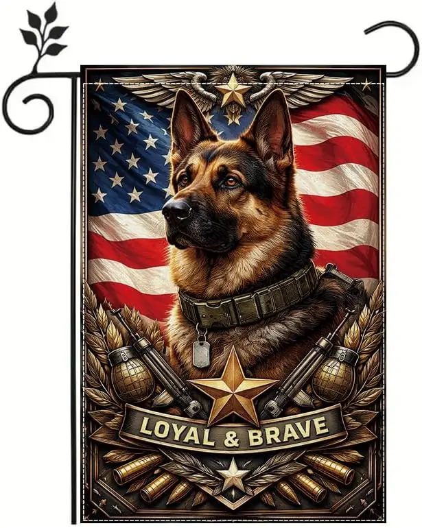 12x18-inch garden flag-a tribute to the loyal and brave patriotic German shepherd dog, with stars, wings and dog tags, which PPZ