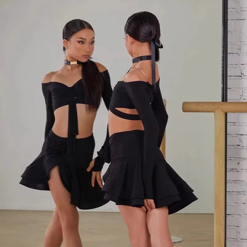 

Танцевальные тренировки, сексуальный топ с открытыми плечами для латинских танцев, юбки с рюшами, костюм для латинских танцев, одежда для выступлений на сцене, одежда для самбы, танго