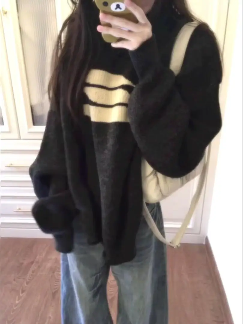 Weicher, gemütlicher, runder Damen-Strickpullover, lockere Passform, Herbst-Winter, neuer Stil, vielseitige Strickwaren, lässig, bequem, lange Ärmel...