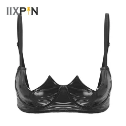 Women Bra Lingerie Gothic Wet Look Patent Leather Bralette Sexy Fashion V-Notch Underwired Bustier Vest Push Up Latex Bras Top