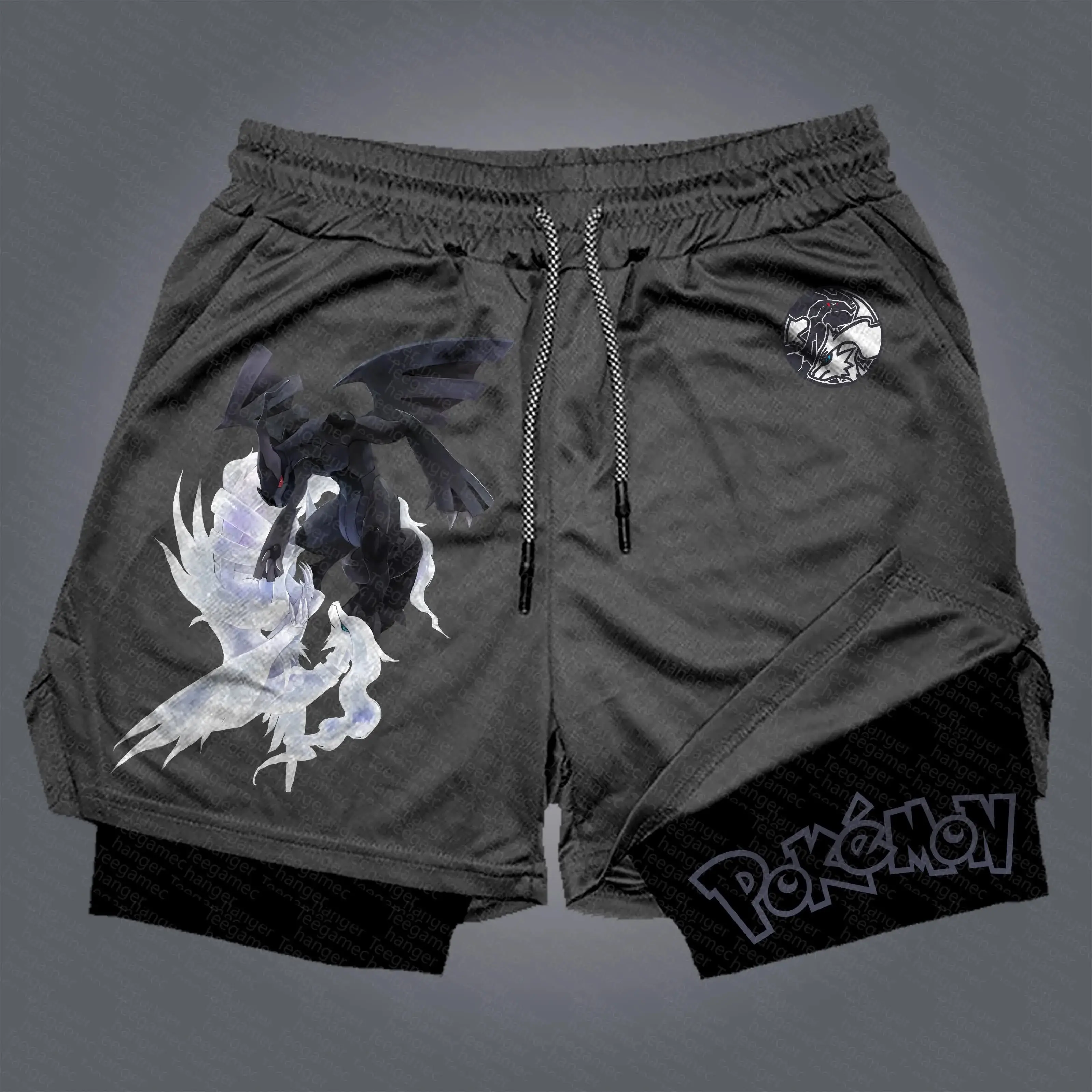 pokemon-preto-shorts-kyurem-impressao-branco-preto-lendario-dragao-forma-dupla-cintura-elastica-cordao-forro-cinza-verao-anime