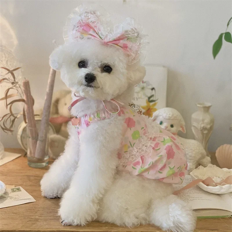 

Pink Dog Dress Pink Floral Printed Lace Ruffle Sling Dress for Small Dog Girl Summer Party Dress Puppy Cat Clothes XS-XL + Hat