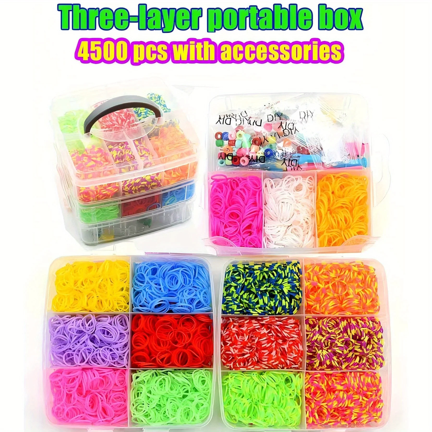 

4500pcs Loom Bands Kit with Storage Box & Accessories - 3-Layer Woven Bracelet Making Set, DIY Rubber Bracelet Kit Girs Toys