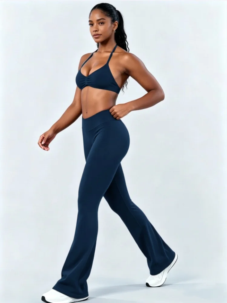 2-teiliges Gym-Set für Damen: Neckholder-Sport-BH mit Raffung und High-Waist Slim Flare Leggings – Dehnbarer Sportanzug für Yoga und Laufen – Detail 5