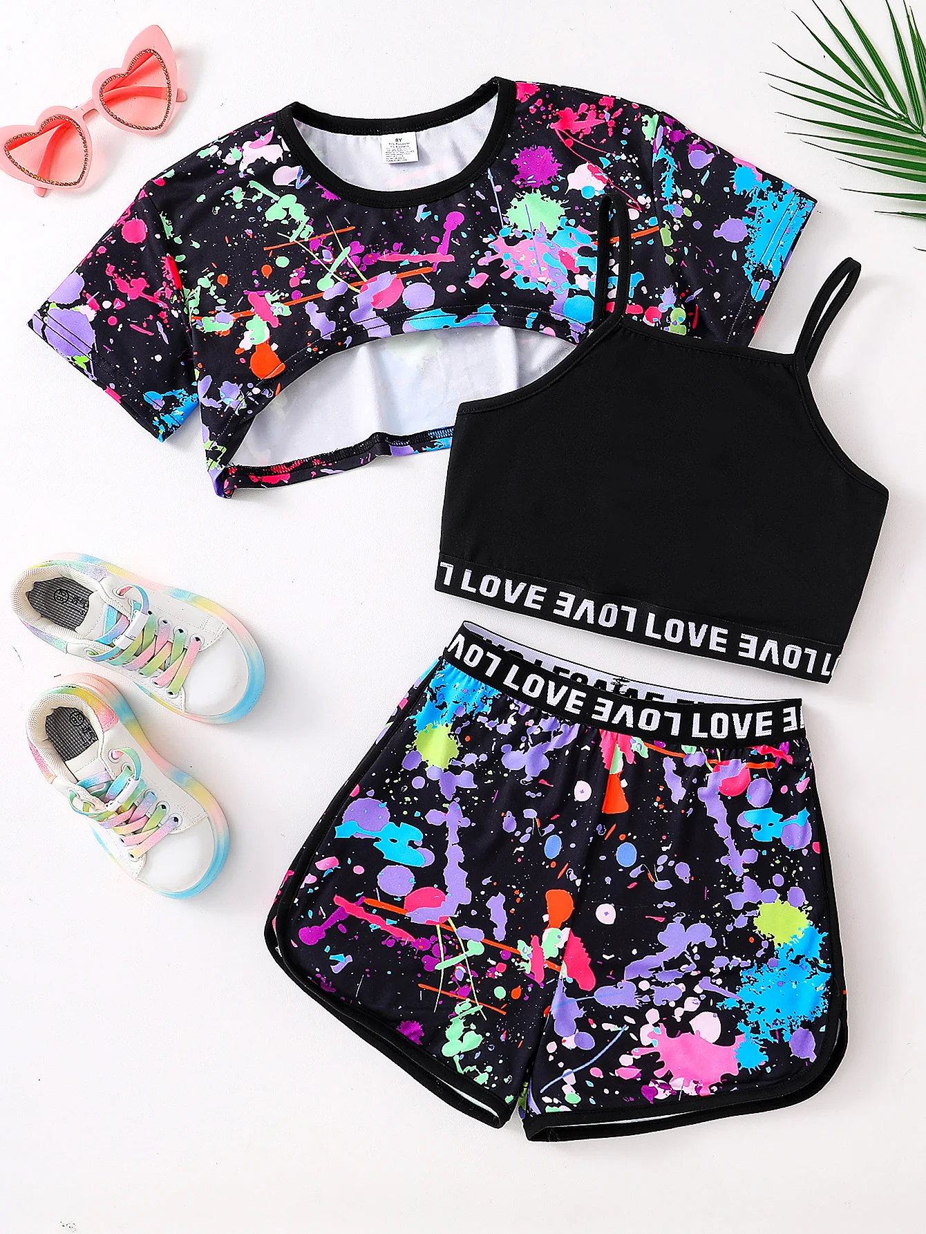 Summer fashion girls' three-piece set Fluorescent graffiti print casual loose slightly elastic comfortable suit