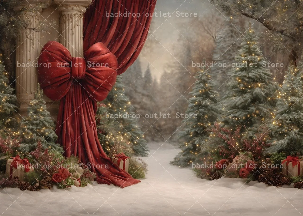 Mehofond Photography Background Vintage Red Bow Curtain Forest Xmas Tree Decor Kids Family Portrait Backdrop Photo Studio view 3