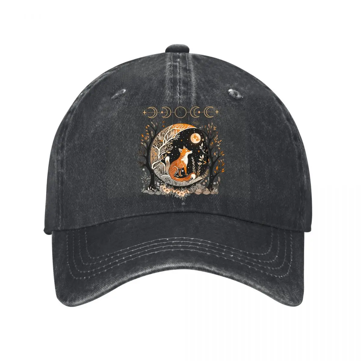 Mystical Fox Moon Phases Celestial Forest Floral Design New Vintage Washed Cotton Baseball Cap Sun Hats