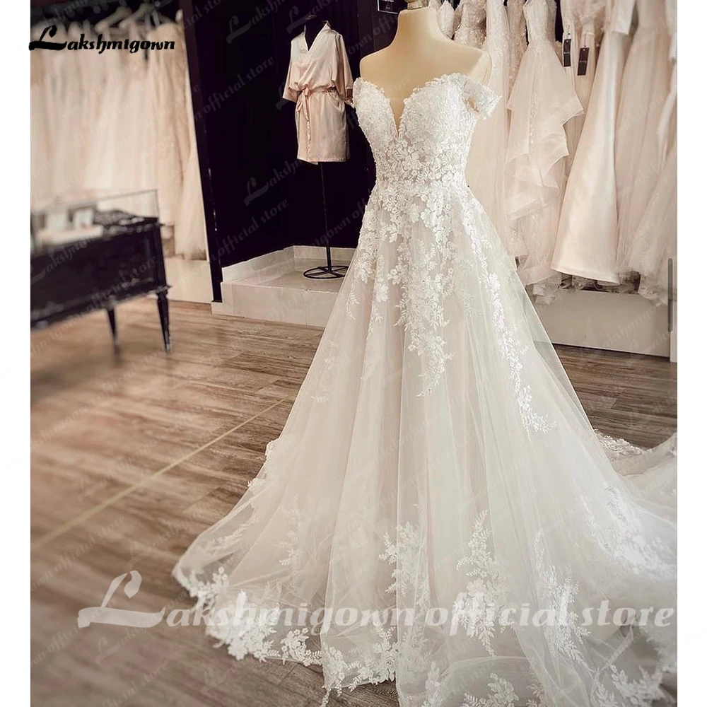 Lakshmigown Classic V Neck Wedding Dresses For Women 2025 Appliques A Line Off The Shoulder Lacing Up Court Train Bride Gown