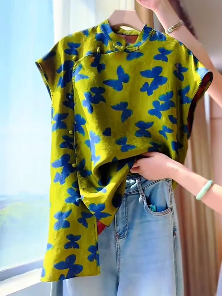 

New Chinese Style Print Shirt Women's Summer High End Elegant Retro Side Buttoned Modified Top