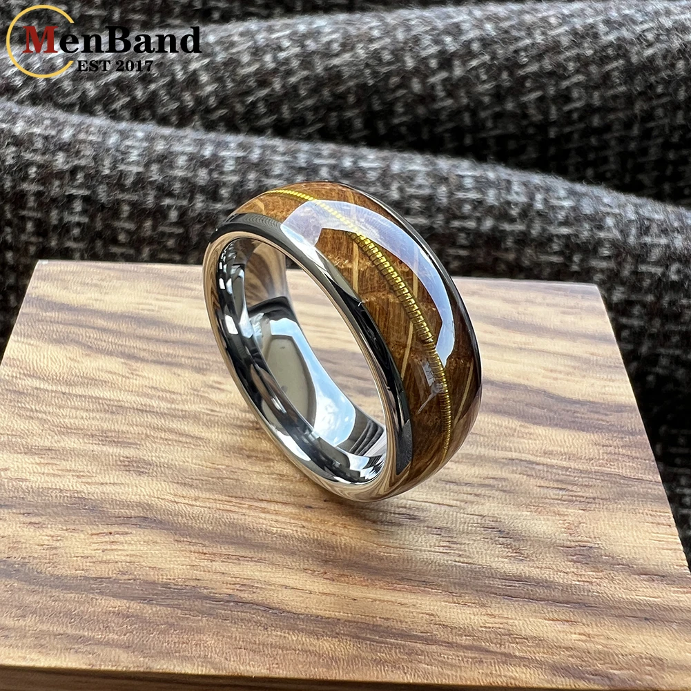 MenBand 8mm Men Women Tungsten Carbide Wedding Band Guitar String Whisky Barrel Oak Wood Inlay Dome Polished Comfort Fit