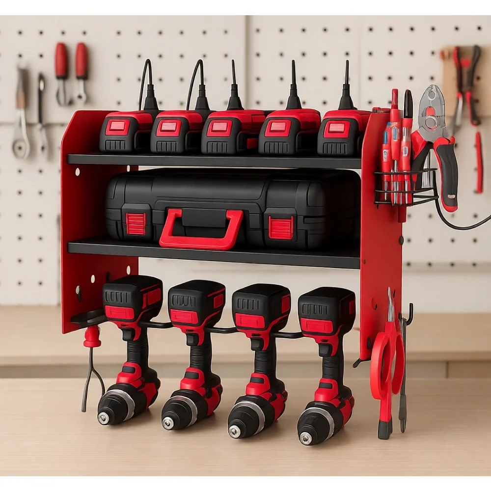 

Wall Mount Power Tool Organizer with Charging Station 3 Layer Heavy Duty Metal Storage Rack 4 Drill Holder