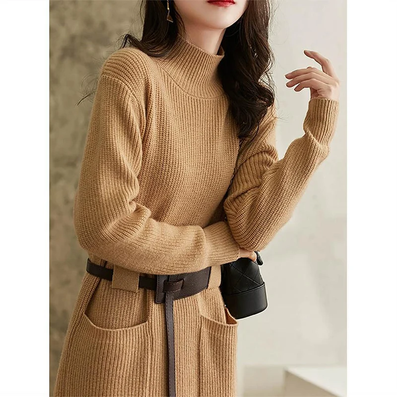 Autumn Winter Half High Collar Solid Color Loose Casual Belt Dress Women\'s Elegant Fashion Knitting Waist Vestidos Female Robe