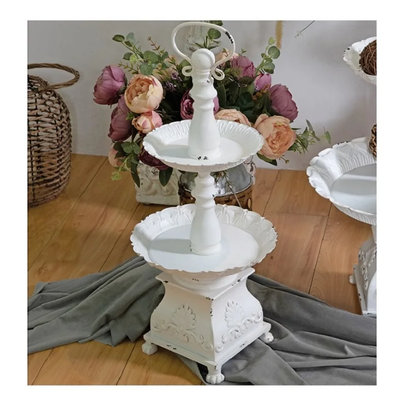 

Vintage White Home Decor Metal Pedestals 2 Tier Afternoon Tea Fruit Dessert Plate Display Trays Cake Stand for Wedding Party
