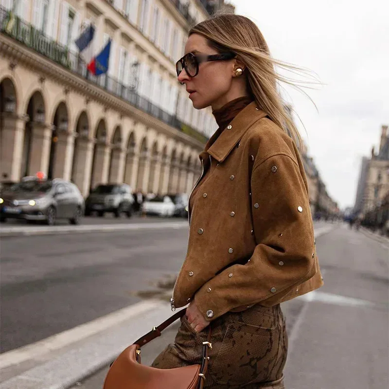 Luxury Jacket Studs Vintage Bomber Jacket Women's Cropped Top Long Sleeve Zipper Coat Design Outerwear Varsity Jacket Lapel New