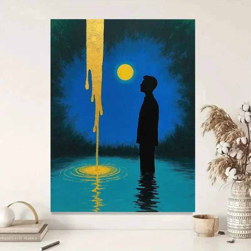 لوحة فنية جدارية تجريدية بدون إطار من القماش - لوحة حديثة بسيطة مع شلال ذهبي وبركة قمر - ديكور للتأمل الهادئ #4