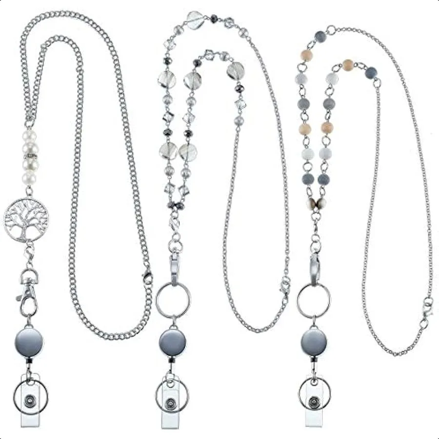

3 Pcs ID Badge Lanyard Necklace with ID Holder Clip Stainless Steel Beaded Chain Retractable Badge Reel Valentine Chic Style
