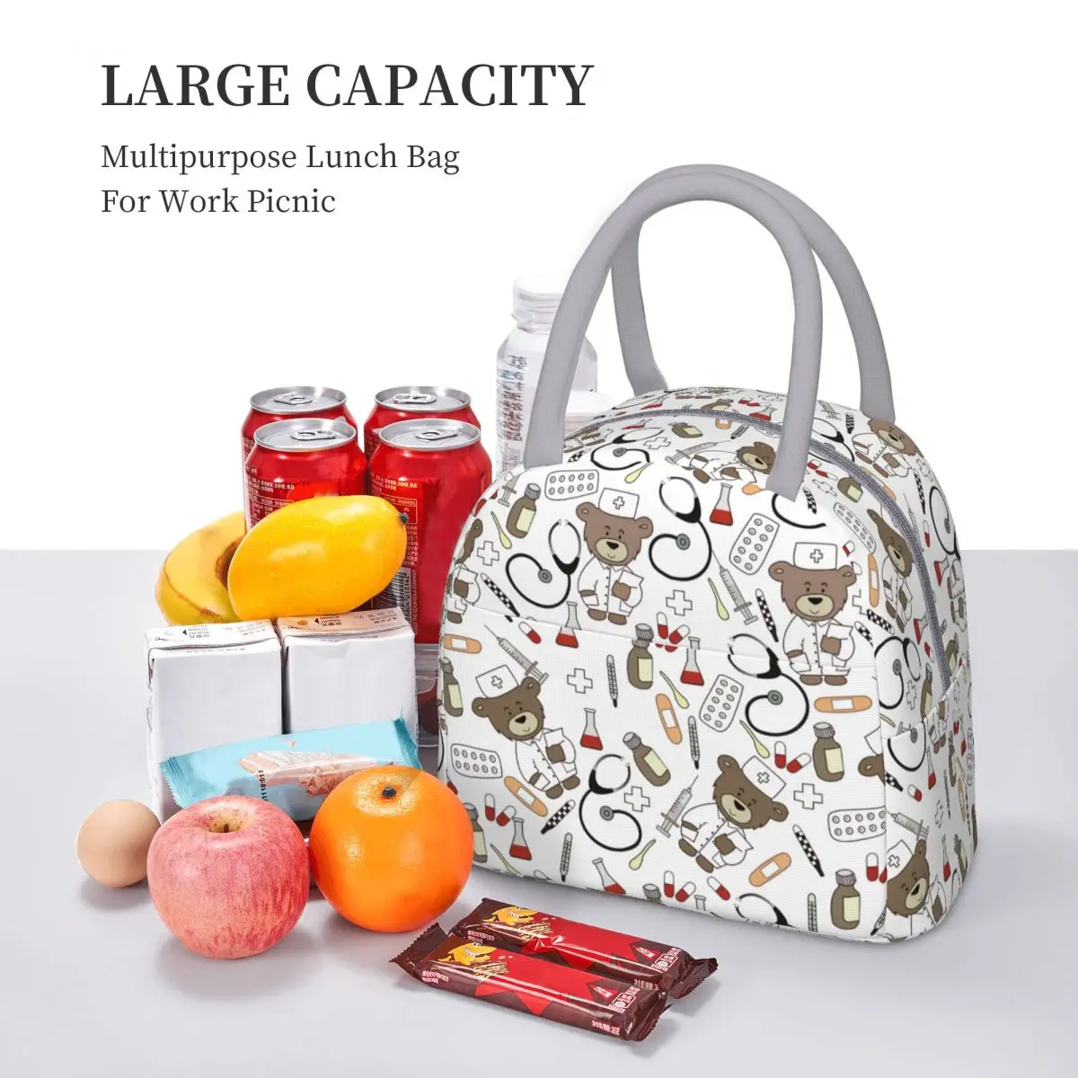 Cute Nurse Bear Pattern Portable Lunch Boxes Tote Women Health Care Nursing Thermal Cooler Food Insulated Lunch Bag Office Work