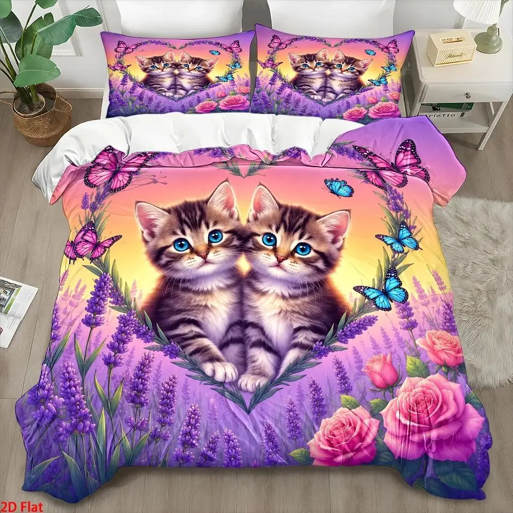 3Pc Dreamy Cat Butterfly Lavender Print Duvet Cover Set, 1*Duvet Cover + 2*Pillowcases, Bedding Three-Piece Set, Skin-Friendly, Breathable, Soft, Comfortable Personal Bedding, Zipper Closure, Easy to Clean, Durable, Wrinkle-Resistant, Machine Washable, All-Season Cozy Home Bedroom Decor, Nordic Style Student Dormitory Master Bedroom Guest Room Bedding, 3Pcs Floral Animal Pattern Light Luxury Bedding Set 2D Flat Print