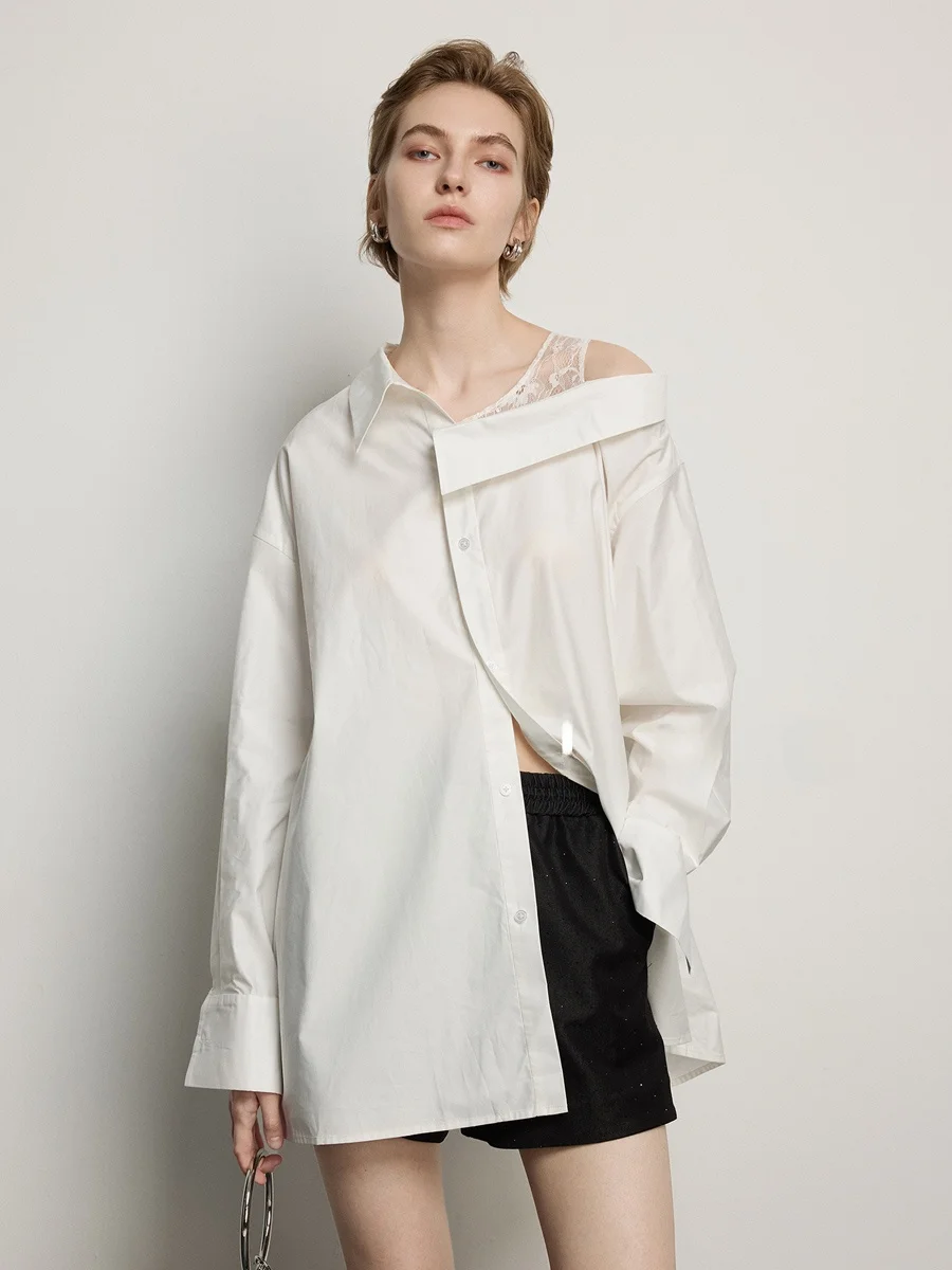 

Ele Lace Splice Long Sve oulder Bared irt для женщин, повседневная хлопковая смесь, удобная повседневная одежда