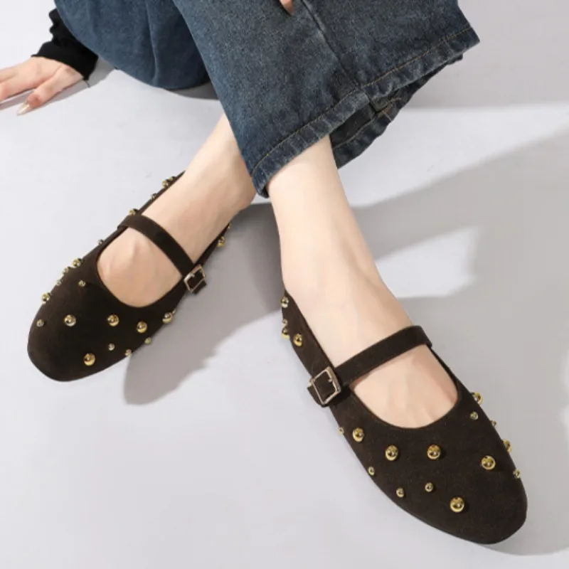 2024 Autumn Brand Mary Jane Shoes for Women Fashion Rivet Suede Classic Retro Brown Casual Soft Bottom Comfortable Ladies Flats