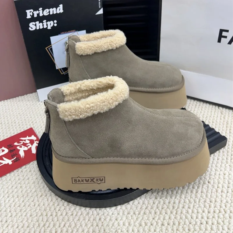 2024 New Thick-soled Women's Winter Back Zipper Flat-heeled Ankle Boots Casual Warm Solid Color Versatile Snow Cotton Boots