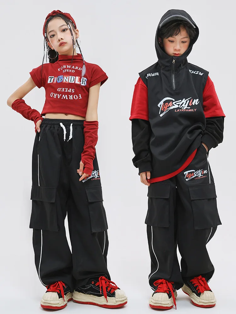 الفتيات الهيب هوب الأحمر عالية الرقبة المحاصيل الأعلى السراويل البضائع السوداء الاطفال K-pop الشارع الشهير الطفل الجاز زي فتاة مجموعة الملابس مجموعات