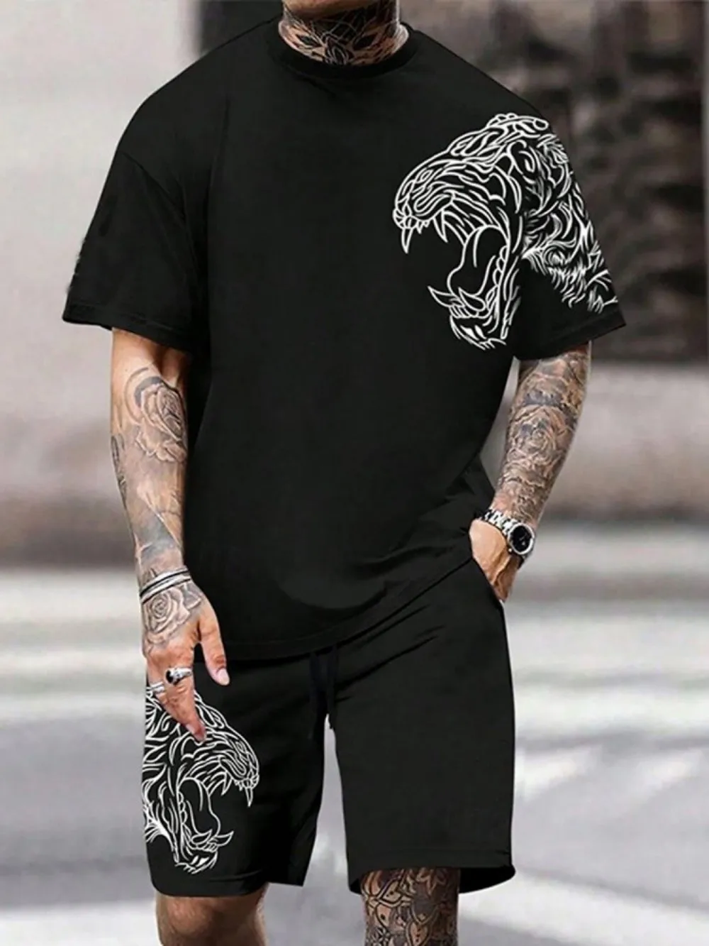 

Summer New Men's Coconut Tree Gradient Soft Breathable Round Neck T-shirt and Shorts Set Outdoor Urban Leisure Two Piece Set