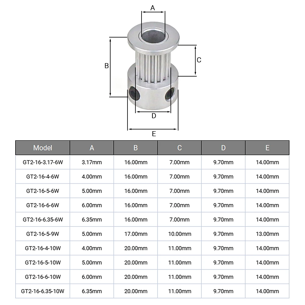 16Teeth 2GT Pulley Bore 3.17/4/5/6/6.35mm Width 6/9/10mm Timing Pulley GT2 16T Gear Wheel for 3D Printer