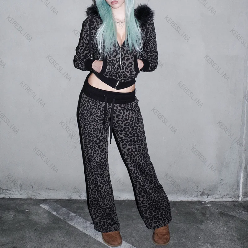 2000s European American High street HipHop Punk Rock Aesthetic Zipper Autumn Winter Trendy Female long sleeve Hoodie Pants Set