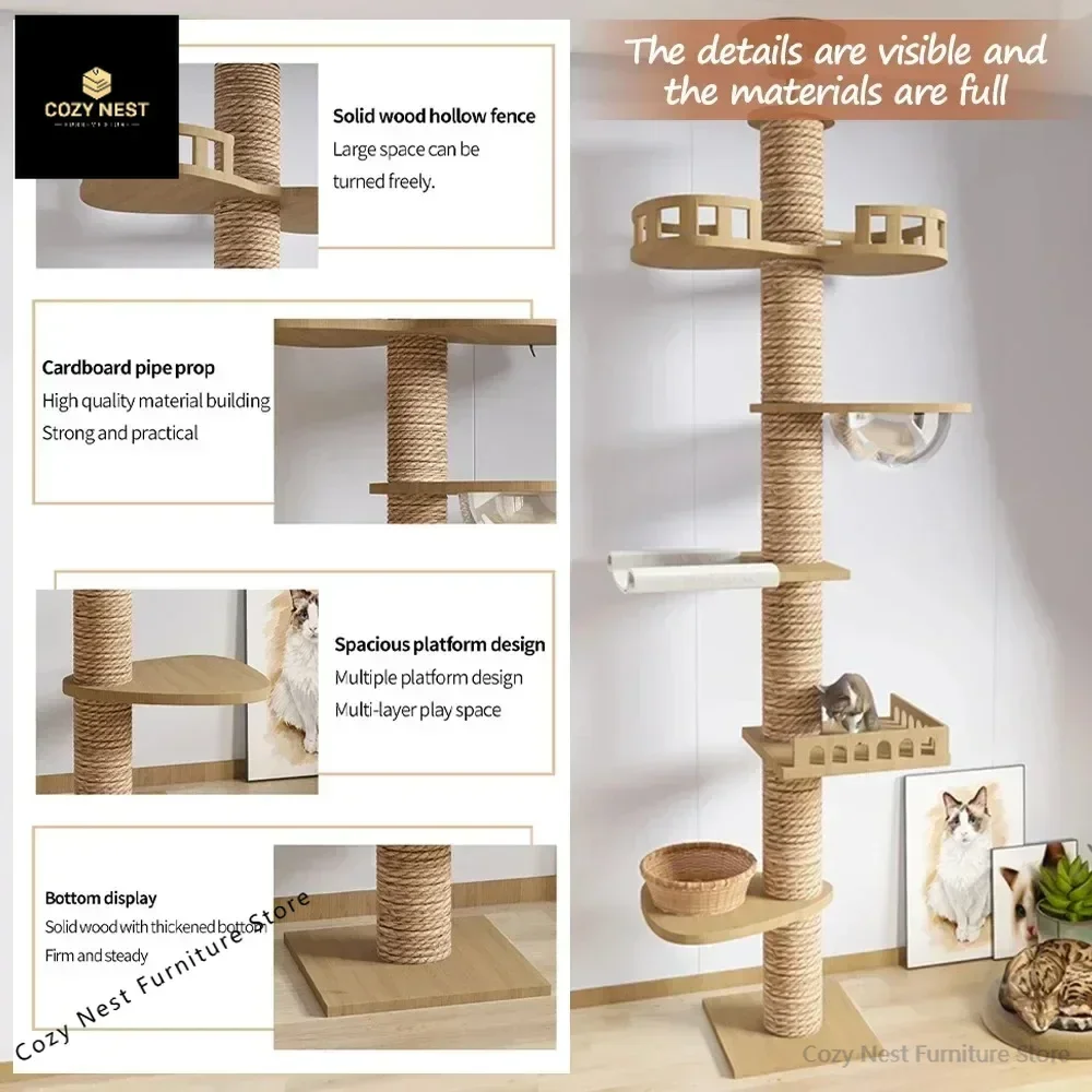 Multi-Level with Scratching Post Hammock Adjustable Wooden Cat Tree House Pet Activity Center Pet Kitten Climbing Toy Cat Tower