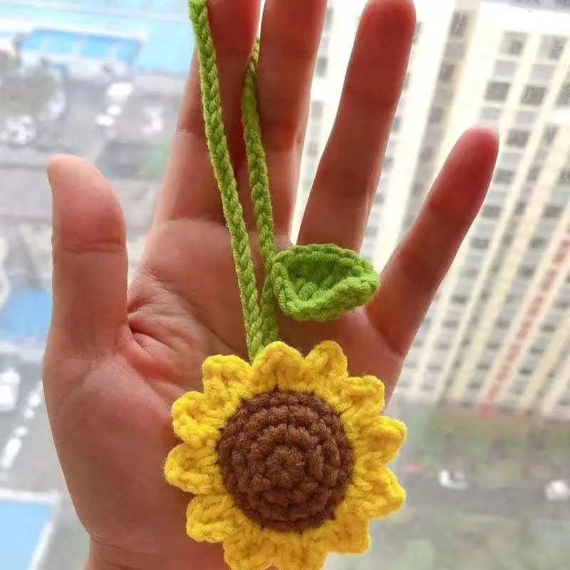 Multipurpose Handmade Crochet Sunflower Car Rearview Mirror Decoration Charm Ornaments Auto Interior Accessories Car Decor