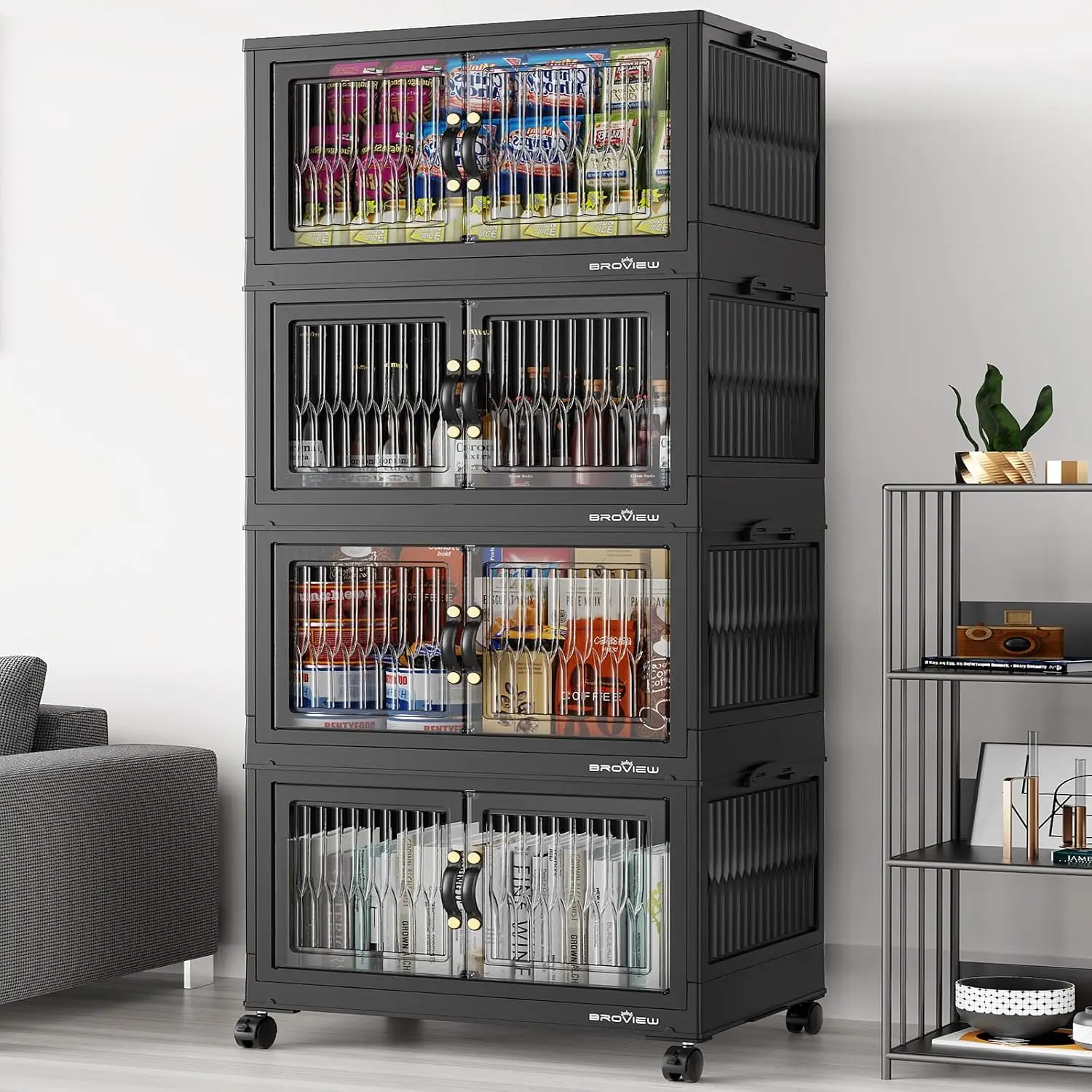 Stackable Storage Bins 320Qt 4Pack Black Closet Organizer Foldable Container Wheel Magnetic Door Drawer Home Dorm, Customized