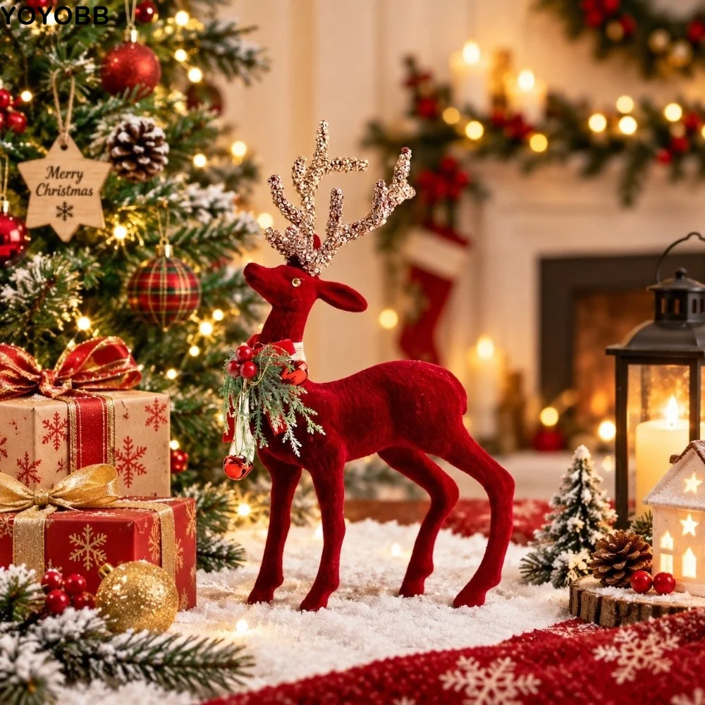 Flocking Texture Christmas Elk Figurine Exquisite Creative Styling Xmas Reindeer Statue Scarlet Shade Lightweight Build