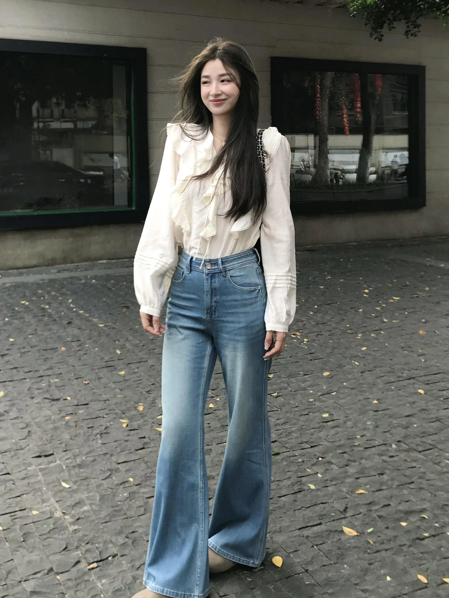 

Spring New Sle Women's irt with Lace Sves Long Sve V-Ne Commute Ele Versatile Korean Sle Sweet Sle Loose Fit