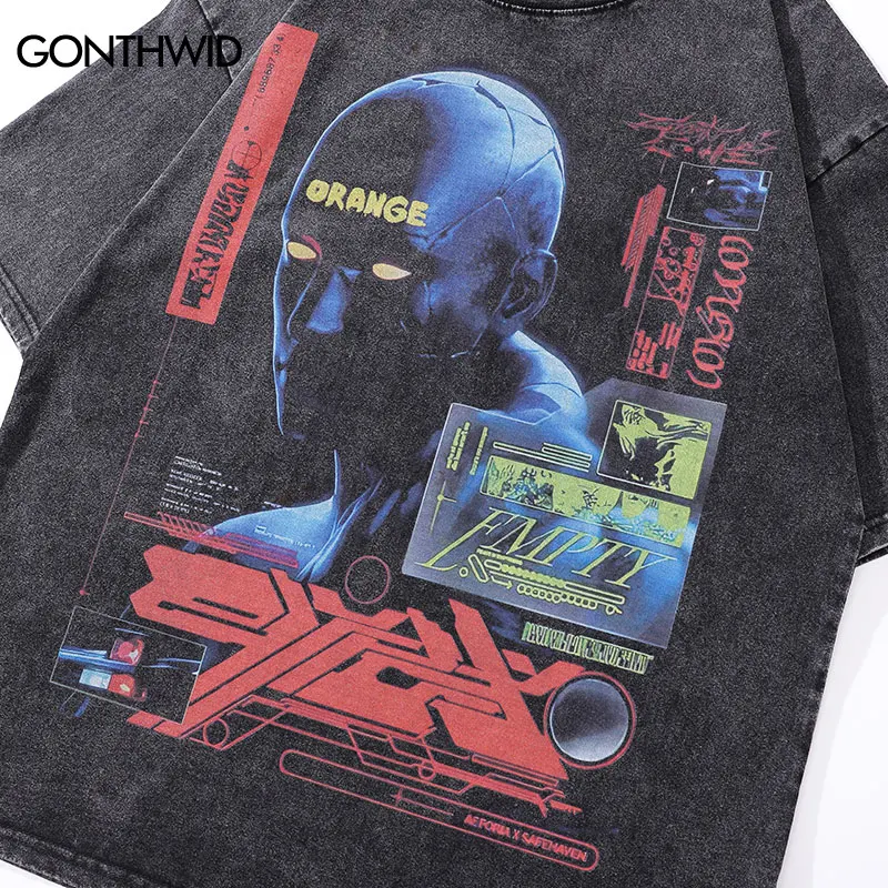 Vintage T-Shirt Y2K Hip Hop Retro Robot Graphic Print Washed Tshirt Streetwear 2023 Men Fashion Summer Harajuku Casual Loose Top